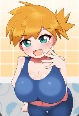 :d alternative_bust_size asymmetrical_hair blue_bra blue_shorts blue_sports_bra blue_underwear blush bra breasts cleavage clothing earrings female green_eyes hand_on_hip hand_on_own_hip huge_breasts jewelry kasumi_(pokemon) kisaragi_motio large_breasts leaning_forward looking_at_viewer midriff navel open-mouth_smile open_mouth orange_hair poke_ball pokemon pokemon_(anime) pokemon_(classic_anime) pokemon_character pokemon_frlg pokemon_rgby ponytail short_hair shorts side_ponytail smile solo spats sports_bra sportswear thighs tied_hair tile_wall tiles underwear