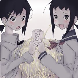 2girls after_cumshot bangs big_breasts black_hair blank_background blush blush_lines breasts chained chainsaw_man crossover cum cum_on_breasts female female_focus hair hair_beads hair_clips hair_ornament hairclip hakayu higashiyama_kobeni holding_hands kaga_ai kobeni_higashiyama light-skinned_female light_skin looking_at_viewer open_mouth paizuri ponytail ponytail_female sayonara_zetsubou_sensei school_uniform schoolgirl schoolgirl_uniform seifuku semen semen_on_breasts serafuku shiny_skin suit suit_and_tie sweat sweatdrop symmetrical_docking textless textless_version thin_eyebrows tie titjob tittyfuck uniform white_background