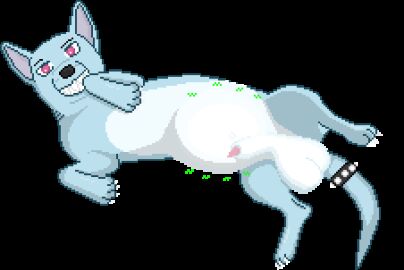 animal_genitalia animated balls bloated blue_body claws cuff_(restraint) digital_media_(artwork) feral feral_only genitals grin low_res male pixel_(artwork) purple_eyes restraints rumbling_stomach sharp_teeth sheath short_playtime smile solo sprite_art tail tail_cuff tail_motion tailwag teeth transparent_background vore vorochi