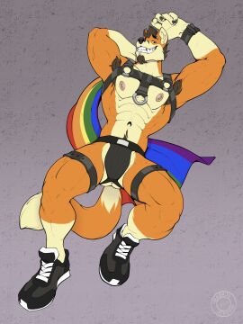 abs anthro armpit_hair artist_logo ass biceps body_hair brown_hair canid canine clothed clothing flag flag_(object) flag_cape footwear fox fur hair harness hi_res jake_northcote jockstrap leather leather_harness lgbt_pride lgbt_pride_month logo male mammal muscular muscular_male on_ground orange_body orange_fur pecs pride_colors pubes rainbow_flag rainbow_pride_colors rainbow_pride_flag rainbow_symbol shoes skimpy sneakers solo tail underwear wadaji
