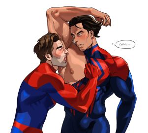 2boys armpit armpit_fetish armpit_licking blush cado_tk32 gay licking_armpit male male_only marvel marvel_comics miguel_o'hara no_visible_genitalia peter_b_parker ripped_clothing saliva speech_bubble spider-man:_across_the_spider-verse sweat white_background yaoi