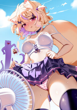 :t ahoge animal_ear_fluff animal_ears ass_visible_through_thighs bare_shoulders bird black_legwear blonde_hair blue_sky blush breasts cameltoe camisole cat_ears cloud cooling_off cooling_off_crotch crop_top day electric_fan fan fanning_crotch female female_focus from_below hair_ornament hairclip heat lifted_by_self looking_at_viewer looking_down medium_breasts midriff miniskirt navel outdoors panties pleated_skirt pout shirt short_hair skirt skirt_lift sky solo_focus spaghetti_strap squchan squchan_(vtuber) standing strap_slip striped striped_panties sweat tail thighhighs twintails underwear virtual_youtuber vyugen