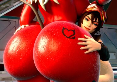 2girls 3d ass ass_grab assisted_presentation big_ass blender breasts demon demon_girl desdemona_(fortnite) female fortnite grabbing_ass huge_ass looking_at_viewer red_skin skulrot99 smile sweat the_machinist_(fortnite) thick_thighs yuri