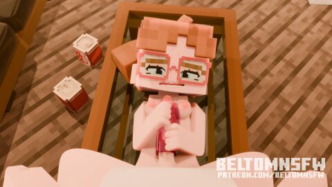 1boy 1girls 3d artificial_vagina ass ass_grab bed bedroom beltomnsfw blender body_writing boobjob breasts brown_hair detailed_background elli_(beltomnsfw) erect_penis female glasses looking_at_another looking_at_partner male mine-imator minecraft nude nude_male on_table onahole onahole_penetration paizuri partially_clothed penis pussy sex spread_legs square_head tagme titfuck titjob vagina