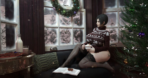3d ada_wong asian asian_female christmas christmas_tree cookie earrings female milk qos_clothing queen_of_spades resident_evil solo_female stickybuns stockings sweater thighhighs winter