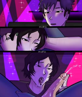 black_eyes black_hair blowjob club cum_in_mouth cum_on_face face_closeup gay male nam-gyu namgyu party pretty_boy purple_hair squid_game thanos_(squid_game)