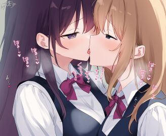 2girls absurdres black_hair blonde_hair blue_eyes blush breasts female french_kiss highres kissing long_hair multiple_females multiple_girls original purple_eyes purple_hair ramchi school_uniform tongue translation_request yuri