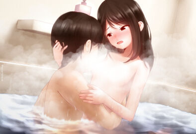 1boy absurdres bathroom black_hair blush breasts censored completely_nude convenient_censoring faceless faceless_male female highres indoors male medium_hair nude original red_eyes short_hair small_breasts steam steam_censor straight tanatonkub