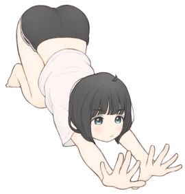 1girls ass barefoot black_eyes black_hair black_shorts bob_cut cat_stretch closed_mouth female full_body issakawaguchi light_blush looking_ahead midriff original original_character shirt short_hair short_shorts short_sleeves shorts simple_background solo stretching top-down_bottom-up white_background white_shirt