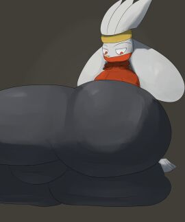 2024 anthro ass balls big_ass big_balls big_butt black_body butt_squish colored digital_media_(artwork) generation_8_pokemon genitals grey_ears grey_face grey_hair hair hi_res huge_ass huge_butt long_ears looking_at_butt looking_at_own_butt looking_down looking_down_at_self lying male nintendo on_side pleasantlyplumpthiccness pokemon pokemon_(species) presenting presenting_hindquarters raboot red_eyes shaded solo squish thick_thighs yellow_nose