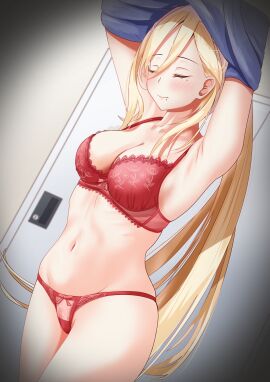 1girls blonde_hair bow bow_bra bow_panties bra breasts closed_eyes female hair_between_eyes highres kantai_collection large_breasts locker locker_room long_hair navel panties ponytail red_bra red_panties richelieu_(kantai_collection) solo standing underwear underwear_only undressing very_long_hair zuki