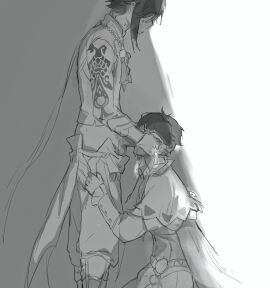 2boys arm_tattoo balls clothes_pull cum cum_in_mouth cum_overflow eii_leuleu erection fellatio from_side genshin_impact greyscale hands_on_another's_head highres kneeling male male_focus monochrome multiple_boys multiple_males oral pants pants_pull penis pulling_another's_clothes short_hair simple_background standing sweat tattoo testicles venti_(genshin_impact) white_background xiao_(genshin_impact) yaoi