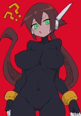 1girls :o ?? aile alternate_breast_size athletic athletic_female bangs big_breasts black_bodysuit blush_lines bodysuit breasts brown_hair buzzlyears confused confusion covered_navel curvy female green_eyes large_breasts long_hair mega_man mega_man_zx mostly_nude navel nervous nervous_sweat nipple_bulge open_mouth red_background shocked skin_tight slim slim_waist solo sweatdrop thigh_gap
