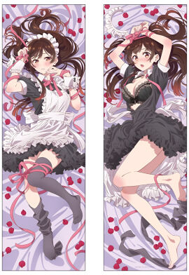 bare_arms bare_legs bare_thighs barefoot bed_sheet big_breasts black_bra black_thighhighs blush body_blush bra breasts brown_hair cleavage dakimakura embarrassed feet female hands_tied kanojo_okarishimasu long_hair lying maid_headdress maid_uniform mizuhara_chizuru official_art open_clothes petals skirt thighhighs thighhighs_removed thighs toes zettai_ryouiki