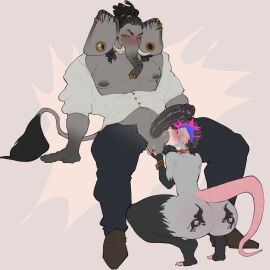 2024 american_opossum anthro anthro_on_anthro areola ass balls balls_fondling balls_suck balls_worship big_ass big_balls big_butt big_dom_small_sub big_muscles big_penis blush bodily_fluids bottomwear bracelet bubble_ass bubble_butt che'doro_(ur_irrelephant) claws clothed clothed/nude clothing collar connardcf crouching curvy_figure dominant dreadlocks duo ear_piercing ear_ring elephant elephantid english_text erection facial_piercing femboy fondling footwear frenum_ladder frenum_piercing fur furgonomics furry-specific_piercing gauged_ear genital_piercing genitals glans grey_background hair hi_res humanoid_genitalia humanoid_penis jewelry ladder_piercing male male/male mammal marsupial mohawk muscles muscular muscular_anthro muscular_male narrowed_eyes nipples nose_piercing nose_ring nude open_clothing open_shirt open_topwear oral pants pecs penis penis_piercing piercing proboscidean ring_piercing saliva sex shirt shoes simple_background sitting size_difference sucking sweat tattoo tears text thick_thighs tongue tongue_out topwear trunk trunk_piercing tuft tusks unzipped wide_hips zipper