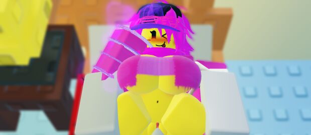 1girls 3d bed blush female fusecoil_(the_battle_bricks) grey_body on_bed one_eye_closed pink_clothing pink_hair roblox roblox_game robloxian rule_63 self_upload sex shades shutter_shades tagme the_battle_bricks tumore wompwompsad yellow_body