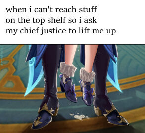 1boy 1girls black_footwear bonbon_(bonesofbeskar) bonesofbeskar cum dangling dangling_legs female footwear_focus furina_(genshin_impact) genshin_impact high_heels highres implied_sex implied_sex_from_between_legs male meme neuvillette_(genshin_impact) offscreen_sex out_of_frame socks straight trembling watermark white_socks