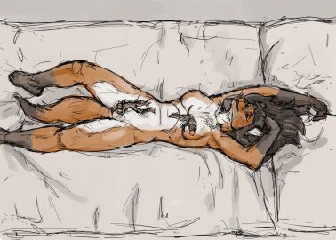 2012 anthro breasts brown_hair canid canine colored extreme_size_difference female fox fur furniture genitals group guide_lines hair inside jeri_kleinlowe long_hair lying macro male male/female mammal micro mouse murid murine nipples nude nude_female on_back orange_body orange_fur orange_tail pussy rodent size_difference sofa tail trio vulva white_body white_fur