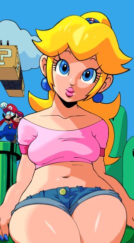 blonde_female blonde_hair blue_eyes booty_shorts crop_top cropped_shirt female jamesama kolsan light-skinned_female light_skin looking_at_viewer mario mario_(series) nosebleed outdoors pink_lips pink_lipstick pink_shirt pinup ponytail pov pov_eye_contact princess princess_peach shiny_skin shoulders super_mario_bros. thighs