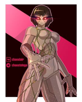 breasts breasts_out chaoslair female glowing_eyes hand_out hornycraftgame iron_golem iron_golem_(minecraft) looking_at_viewer minecraft minecraft_mob red_eyes rule_63 solo solo_female solo_focus watermark