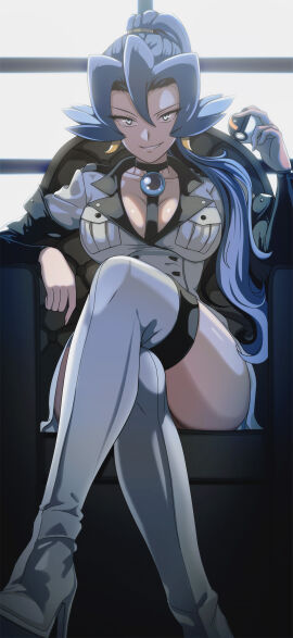 1girls akame_ga_kill! arm_sleeves big_breasts blue_eyes blue_hair boots breasts choker clair_(pokemon) cleavage cosplay crossed_legs esdeath_(akame_ga_kill!)_(cosplay) female female_only grin gym_leader high_heel_boots high_heels jewelry large_breasts looking_at_viewer military_uniform poke_ball pokeball pokemon pokemon_hgss ponytail simple_background sitting vivivoovoo