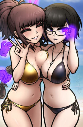 2girls adjusting_glasses big_breasts bikini breast_squish breasts closed_eyes eyes_open female female_only glasses golden_bikini imminent_bondage lipstick magic magnolia-baillon necklace necklace_between_breasts omniv original original_character rope side_tie_bikini