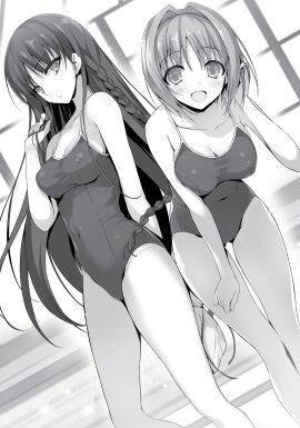 bare_arms bare_legs bare_shoulders bare_thighs belly_button_visible_through_clothing bent_forward big_breasts black_and_white black_hair blush braid breasts classroom_of_the_elite cleavage collarbone female hand_holding_hair horikita_suzune kushida_kikyou long_hair medium_breasts mouth_closed novel_illustration official_art one-piece_swimsuit open_mouth pool school_swimsuit short_hair smile swimsuit thighs tomose_shunsaku