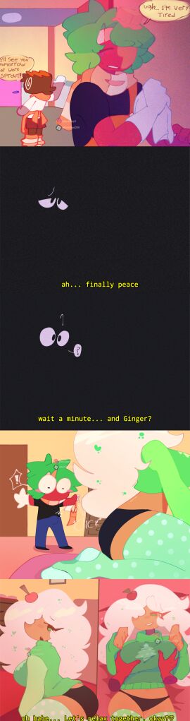 1girls 2boys ass big_ass big_breasts black_panties blush breasts clothed clothed_female clothed_male clothing comic comics cosmo_(dandy's_world) dandy's_world dandys_world eltortillas9 eltortillas_(artist) erection female full_body ginger_(dandy's_world) gloves green_hair horny horny_female large_breasts male no_humans open_mouth panties red_body scarf smile sprout_(dandy's_world) stockings suprised