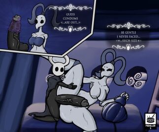 1boy 1girls 2021 <3 anthro big_breasts big_penis black_body black_skin breasts broken_condom comic condom condom_on_penis dialogue empty_eyes female grey_body grey_skin hands_on_thighs hearts hi_res hollow_knight hyper_penis imminent_sex iselda_(hollow_knight) male male/female missionary_position mosquito no_protection nude nude_female penis piekiller5 protagonist_(hollow_knight) ripped_condom small_condom solid_eyes spread_legs spreading straight table table_sex thick_thighs thighs undressing useless_condom