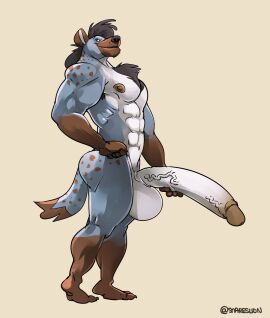 abs anthro areola artist_name ass balls biceps big_balls big_muscles big_penis biped black_body black_fur black_hair black_nose body_hair brown_body brown_feet brown_fur brown_hands brown_spots canid canine canis chest_hair claws countershade_fur countershading coyote deltoids digital_media_(artwork) dipstick_tail erection eurus_(cooner) feet finger_claws fingers fur furious_(artist) genitals glans gloves_(marking) grey_body grey_fur hair hand_on_hip hi_res holding_own_penis huge_balls huge_cock humanoid_genitalia humanoid_hands humanoid_penis hybrid hyena hyper hyper_genitalia hyper_penis leg_markings long_penis looking_aside male male_anthro male_only mammal markings multicolored_body multicolored_fur muscles muscular muscular_anthro muscular_male nipples nude nude_anthro nude_male pecs penis plantigrade presenting presenting_penis side_view signature simple_background smile socks_(marking) solo spots spotted_body spotted_fur spotted_hyena spotted_markings spotted_tail standing tail tail_markings text toe_claws toes triceps twitter_handle vein veiny_penis white_body white_countershading white_fur