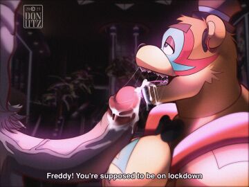 2025 absurd_res ambiguous_species animatronic anthro balls bear bedroom_eyes big_penis blue_eyes bodily_fluids bodypaint bow_tie brown_body brown_fur clothing cum cum_in_mouth cum_inside digital_media_(artwork) donutz duo ear_piercing ear_ring english_text erection eyebrows face_paint fellatio five_nights_at_freddy's five_nights_at_freddy's:_security_breach foreskin fur genital_fluids genitals glamrock_freddy glamrock_freddy_(fnaf) glans hat headgear headwear hi_res humanoid_genitalia humanoid_penis inside long_penis machine male male/male mammal muscular muscular_anthro muscular_male narrowed_eyes navel open_mouth open_smile oral penile penis piercing pubes retracted_foreskin ring_piercing robot saliva scottgames seductive sex shoulder_pads smile steel_wool_studios tan_body tan_fur teeth text tongue top_hat uncircumcised