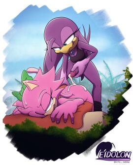 accessory after_sex ambiguous_gender anthro arts_eidolon avian bent_over bird blue_eyes bodily_fluids bottomless bottomless_anthro bottomless_futa bottomless_intersex bow_ribbon breasts cleavage clothed clothing cum cum_inside digital_media duo erection felid feline from_behind_position futanari genital_fluids genitals hair hair_accessory hand_on_penis hi_res hirundinid intersex leaking_cum looking_pleasured mammal nude oscine passerine penis sega sex sonic_(series) sonic_riders sonic_the_hedgehog_(series) swallow_(bird) tail tongue tongue_out topwear wave_the_swallow