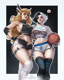 2d 2girls abs basketball basketball_uniform belly belly_bulge belly_button_piercing blonde_hair blondynkitezgraja blue_eyes breasts digital_media_(artwork) female female_torso fishnet fishnets light-skinned_female light_skin luna_snow luna_snow_(marvel_rivals) magik_(illyana_rasputin) magik_(marvel_rivals) marvel marvel_comics marvel_rivals open_clothes pale-skinned_female pale_skin piercing piercings short_hair short_shorts shorts sideboob superheroine thick_thighs thighhighs thighs two-tone_hair unbuttoned unbuttoned_pants underboob