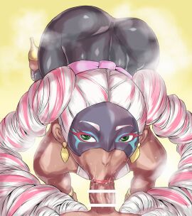 1boy 1girls all_fours arms_(game) bar_censor censored dark-skinned_female dark_skin earrings fellatio female green_eyes huyamuyaz male mask multicolored_hair nintendo oral tight_clothing twintails twintelle two-tone_hair uya_(yurukah)