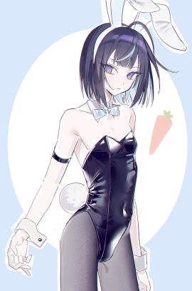 1boy ahoge animal_ears black_hair blue_hair bunny_boy bunny_ears bunnysuit ensemble_stars! male purple_eyes sagiri_esu streaked_hair tail