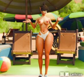 3d 3d_(artwork) abs areolae beach beach_background beach_ball beach_chair beach_umbrella blender blender_(software) blood_elf breasts elf_ears exposed_breasts female female_focus female_only fit fit_female green_eyes hair legs lethrisa lethrisa_(lethrisa) light-skinned_female light_skin muscular navel nipples oc outdoors overwatch overwatch_2 shoes small_breasts small_tits solo solo_female solo_focus spiky_hair summer thighs topless tracer_(cosplay) warcraft world_of_warcraft