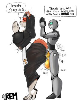 1boy 1girls anal anal_sex anthro ass balls belly_expansion big_ass big_balls big_penis edith_bellbottom_(jindragowolf) female fox fox_ears fox_tail furry heels male nun nun_outfit penetration_through_clothes penis questionable_consent rem_(oc) remiman robot robot_boy robot_humanoid sweat thick_thighs through_clothes through_clothing