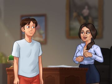 1boy 1girls 2d 2d_(artwork) brown_hair darkcookie duo female katya_(summertime_saga) light-skinned_female light-skinned_male light_skin long_hair main_character_(summertime_saga) male male/female office room standing summertime_saga