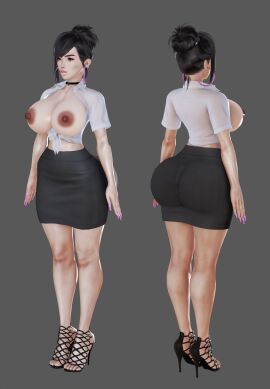 3d asian asian_female ass big_ass big_breasts bimbo breast_implants breasts choker fake_tits female fit fit_female high_heels honey_select hoop_earrings ihateasuka light-skinned_female light_skin long_eyelashes long_nails makeup original original_character pale-skinned_female pale_skin secretary simple_background skirt studio_neo