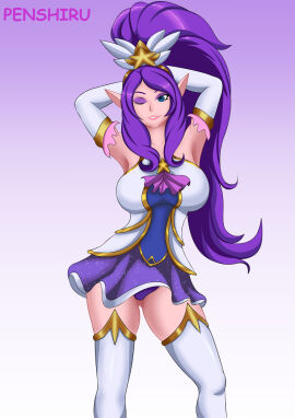 1girls blue_eyes female female_focus female_only janna_windforce league_of_legends one_eye_closed penshiru pointy_ears pose posing posing_for_the_viewer purple_hair solo solo_female solo_focus thighhighs wink winking_at_viewer