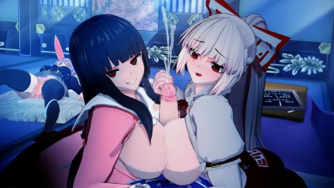 2futas 2girls 3d @_@ after after_sex ass black_hair breasts clothed clothed_female clothed_futa couple couple_(romantic) cum double_paizuri faceless_character faceless_futa female flaccid fujiwara_no_mokou futa_on_female futa_pov futanari holding_hands intersex kaguya_houraisan large_ass large_breasts large_penis light-skinned_female light-skinned_futa light_skin long_hair looking_at_genitalia looking_at_partner looking_at_penis looking_at_viewer open_mouth open_shirt paizuri penis pov projectile_cum red_eyes reisen_udongein_inaba sanae_kochiya smile smirk symmetrical_docking threesome touhou touhou_weird_storage tsurime white_hair