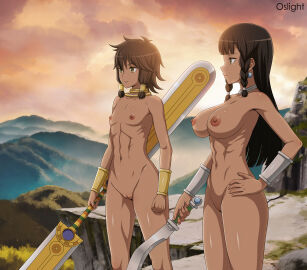 2girls abs amazon amazonian areolae armpits bald_pussy bangs black_hair blunt_bangs bracelet bracer bracers braid breasts brown_eyes brown_hair brown_skin casual_nudity choker cleft_of_venus cliff closed_mouth clothing cloud completely_nude dark-skinned_female dark_skin day desert dungeon_ni_deai_wo_motomeru_no_wa_machigatteiru_darou_ka dungeon_ni_deai_wo_motomeru_no_wa_machigatteiru_darou_ka? dusk earrings expressionless female female_abs fit fit_female flat_chest flat_chested green_eyes groin hair_tubes hand_on_hip hand_on_own_hip hi_res high_resolution highres holding holding_object holding_sword holding_weapon jewelry large_breasts large_filesize long_hair looking_at_viewer matching_hair/eyes matching_hair_and_eye_color matching_hair_and_eyes mountain mountain_background mountainous_horizon multiple_girls muscle muscular muscular_female navel neck_ring necklace nipples nude nude_female nudist oslight outdoor_nudity outdoors paipan polearm pussy ribs rock shaved_pussy short_hair siblings sidelocks sister sisters sky small_breasts smile standing sunset sword tied_hair tiona_hiryute tione_hiryute toned toned_female twin_braids uncensored vagina very_high_resolution weapon