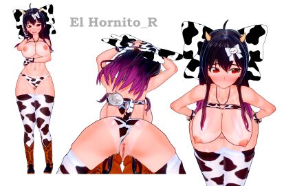 3d 3d_model anus areolae ass big_ass big_breasts big_ribbon bikini bikini_tan black_hair black_nails blush boots bra breasts clothes_aside cow_bikini cow_girl cow_horns cow_print cow_stockings cow_tail cowboy_boots el_hornito_r female gloves hispanic_virtual_youtuber koikatsu large_breasts long_hair mature_female mommy nipples panties pink_hair pink_tips posing pussy red_eyes ribbon smile stockings streamer thick_thighs virtual_youtuber vtuber vtuber_vaca yadidoll_zaotome youtube_hispanic