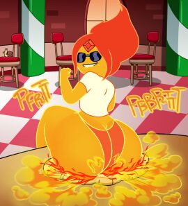 1girls 2d 2d_(artwork) adventure_time ass big_ass big_butt biting_lip cartoon_network fart fart_cloud fart_fetish farting fat_ass fat_butt female flame_princess huge_ass huge_butt looking_at_viewer looking_back looking_back_at_viewer orange_skin pizza rear_view red_hair sitting_on_food snail_(adventure_time) solo solo_focus sunglasses text thick_ass thick_butt thomzone warner_brothers