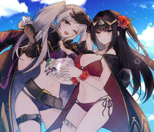2girls alternate_costume belt bikini black_coat black_hair blue_sky blunt_bangs bracelet breasts brown_eyes brown_gloves cape cleavage cloud cloudy_sky coat cup female female_only fire_emblem fire_emblem_awakening fire_emblem_heroes flower gatona gloves grey_hair hair_flower hair_ornament hibiscus highres holding holding_cup jewelry large_breasts long_hair looking_at_viewer medium_breasts multiple_females multiple_girls navel nintendo o-ring o-ring_bikini official_alternate_costume one_eye_closed purple_bikini purple_swimsuit red_bikini red_flower red_swimsuit robin_(fire_emblem) robin_(fire_emblem)_(female) sky starfish sunlight swimsuit tharja_(fire_emblem) thigh_strap tiara twintails
