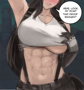 1girls 2024 abs bare_shoulders black_gloves black_hair black_suspenders blush blush_lines blushing breasts clothed clothed_female clothing english english_text female female_only final_fantasy final_fantasy_vii final_fantasy_vii_rebirth final_fantasy_vii_remake gloves light-skinned_female light_skin long_hair medium_breasts midriff muscular muscular_abdomen muscular_abs muscular_female navel raskasar scar scar_on_chest solo solo_female speech_bubble suspenders tank_top text text_bubble tifa_lockhart underboob white_tank_top white_tank_top_lift