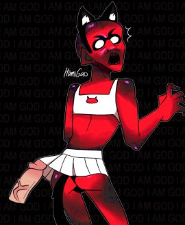 1boy 1femboy 2024 2boys 4chan 5_fingers arg ass background_text bald blank_eyes blush bright_colors cartoony cat_ears cat_lingerie cat_tail creepypasta dark_background disembodied_penis exposed_shoulders god_is_dead horror i_am_god inminent_sex itamigao lingerie male male/male male_only miniskirt no_background non-human open_mouth panties penis pleated_skirt red_body red_skin self_upload signature skirt skirt_lift standing surprised text toony underwear vein veiny_penis what white_lingerie