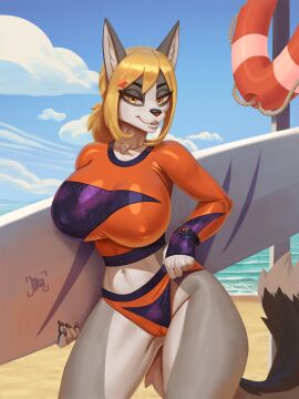 2025 5_fingers anthro biped blonde_hair breasts camel_toe canid canine clothed clothed_anthro clothed_female clothing cloud day digital_drawing_(artwork) digital_media_(artwork) female fingers front_view fur genital_outline grey_body grey_fur grey_tail hacatiko hair hi_res inner_ear_fluff looking_at_viewer mammal navel outside pussy sky smile solo standing tail tuft vulva_outline yellow_eyes