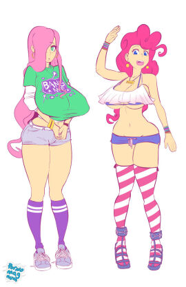 2girls arm_up arms_under_breasts bare_belly bare_shoulders bare_thighs belly_button belt big_breasts blue_eyes bra bracelet bracelets breasts crop_top crop_top_overhang curvy curvy_female earrings female flat_belly fluttershy_(mlp) friendship_is_magic green_eyes hands_under_breasts high_heels hoop_earrings hourglass_figure humanized jean_shorts large_breasts long_hair long_legs looking_at_viewer micro_shorts midriff mini_short my_little_pony nipple_bulge open_mouth pink_hair pinkie_pie_(mlp) pornomagnum shirt shoes short_shorts shorts shortshorts slim_waist smile socks standing stockings straight_hair striped_bra underboob