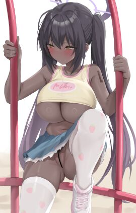 1girls black_hair blue_archive blush breasts censored censored_pussy cleaning_&_clearing_(blue_archive) dark-skinned_female dark_skin female halo huge_breasts karin_(blue_archive) long_hair millennium_science_school_student no_panties pussy shengtian short_skirt skirt tank_top twintails underboob upskirt yellow_eyes